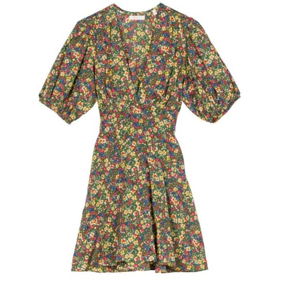 Doen Emilia Cotton V Neck Tie Short Puff Sleeve Mini Dress Green Valley Floral - Picture 15 of 16